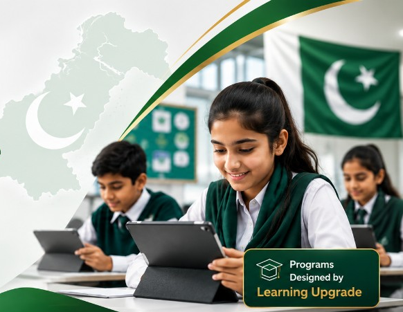 Students learning with tablets in a Pakistani classroom